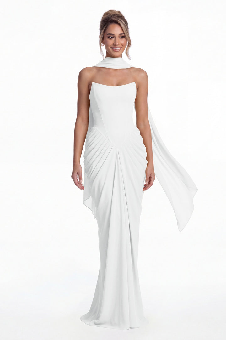 White Strapless Chiffon Ruched Mermaid Maxi Gown - Front View