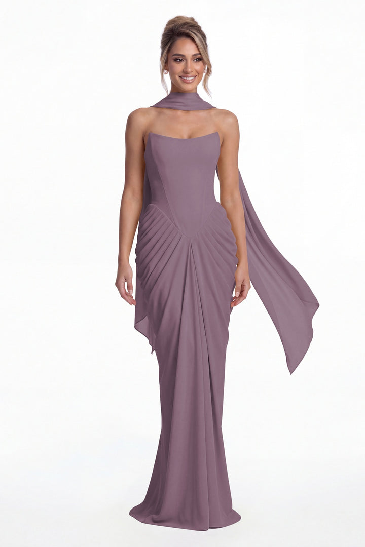 Wisteria Strapless Chiffon Ruched Mermaid Maxi Gown - Front View