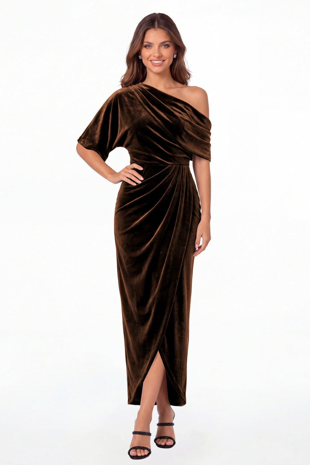 Brown One Shoulder Velvet Ruched Draped Slit Maxi Gown - Front View