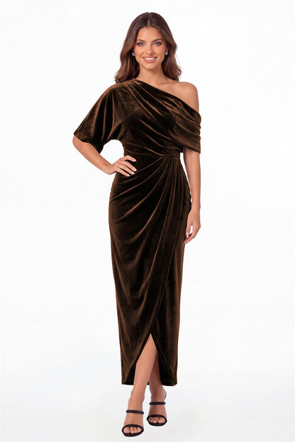 Brown One-Shoulder Velvet Ruched Draped Slit Maxi Gown - Front View