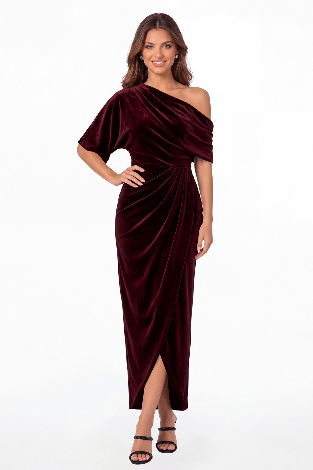 Burgundy One Shoulder Velvet Ruched Draped Slit Maxi Gown - Front View