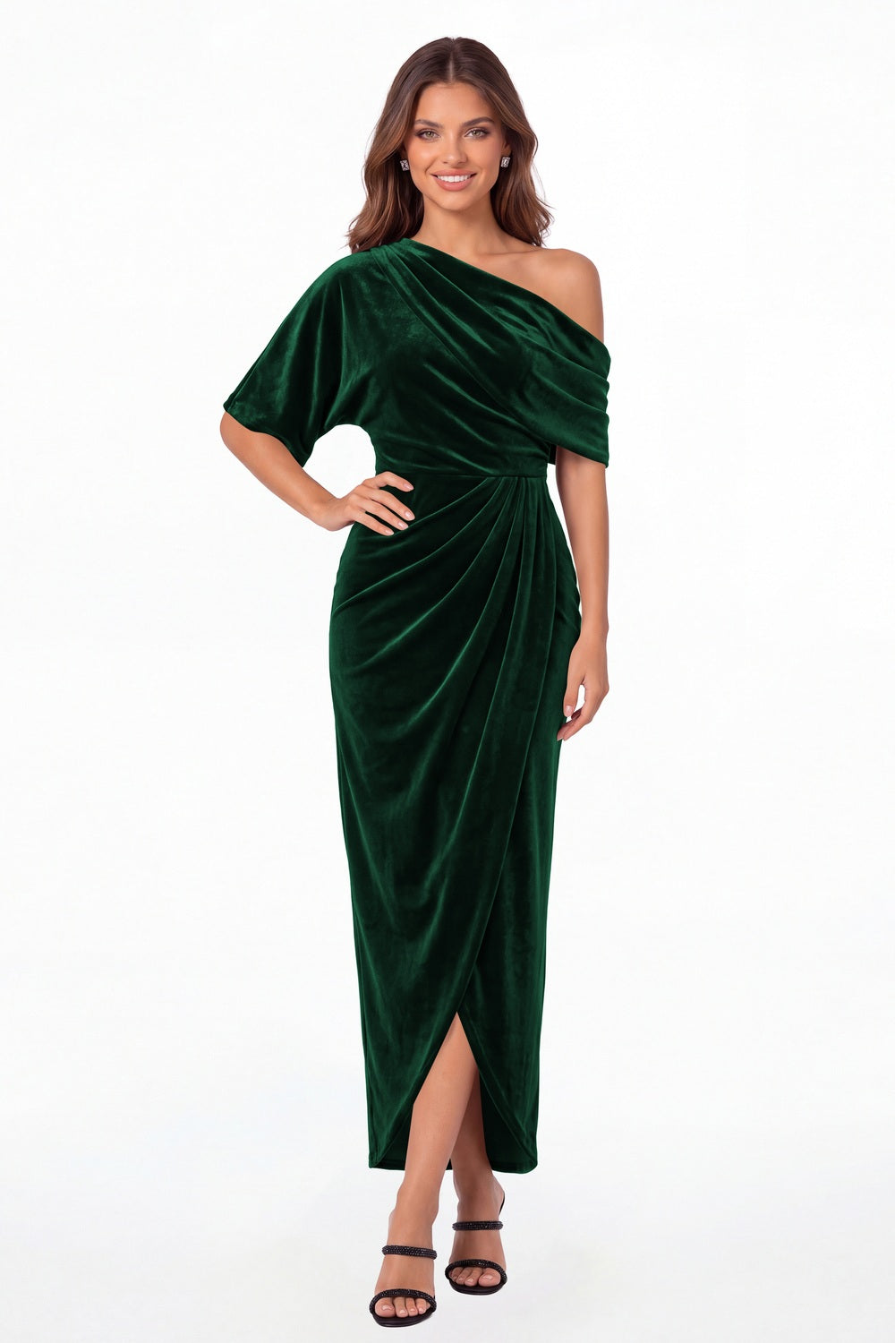 Emerald Green One Shoulder Velvet Ruched Draped Slit Maxi Gown - Front View