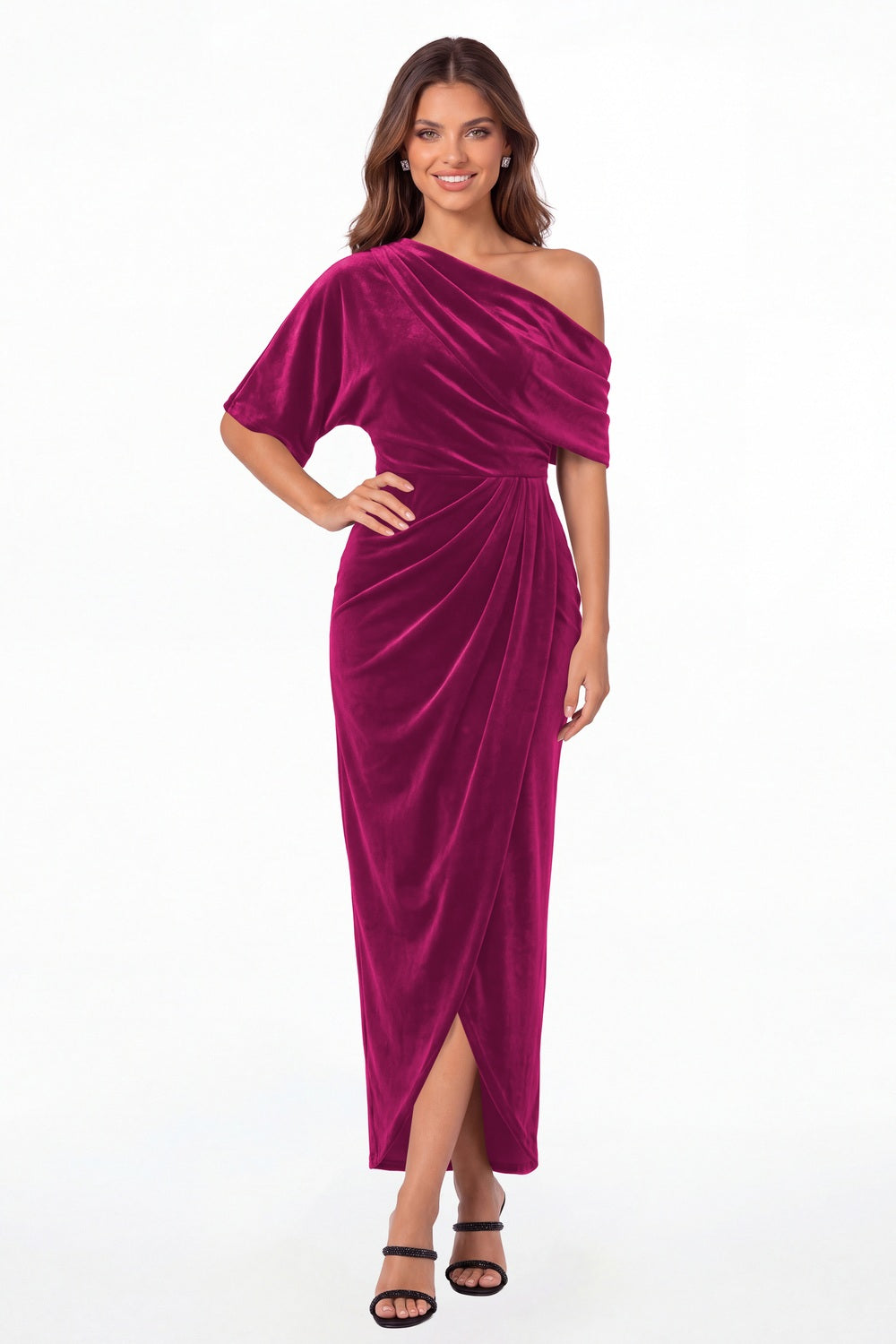 Fuchsia One Shoulder Velvet Ruched Draped Slit Maxi Gown - Front View