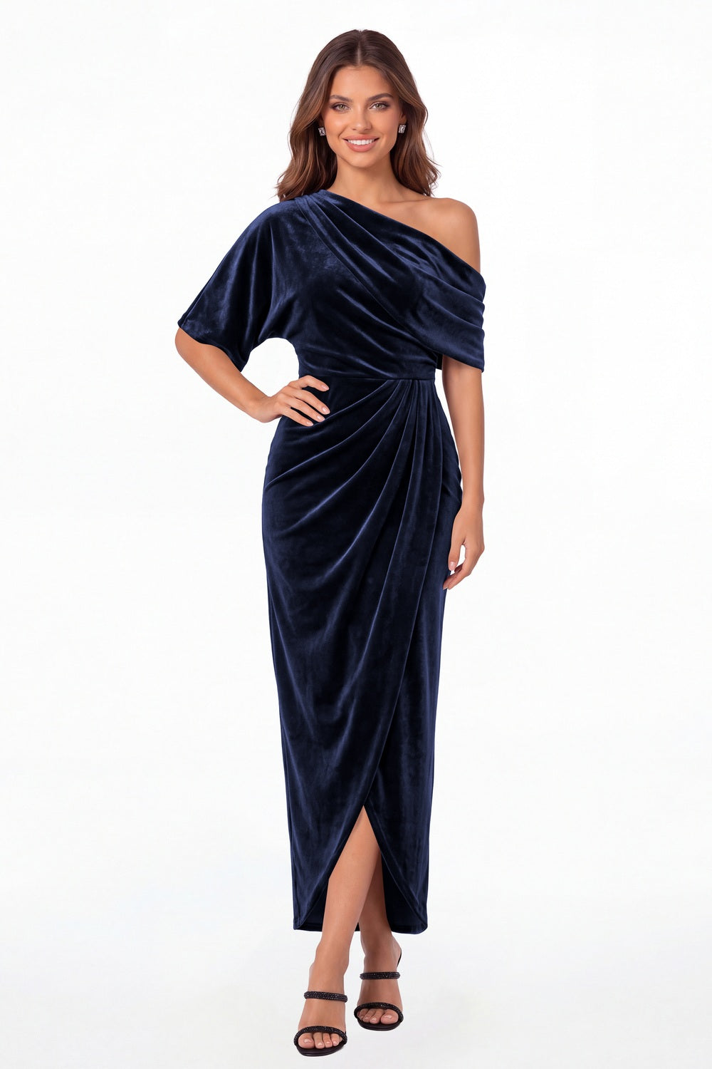 Navy Blue One Shoulder Velvet Ruched Draped Slit Maxi Gown - Front View