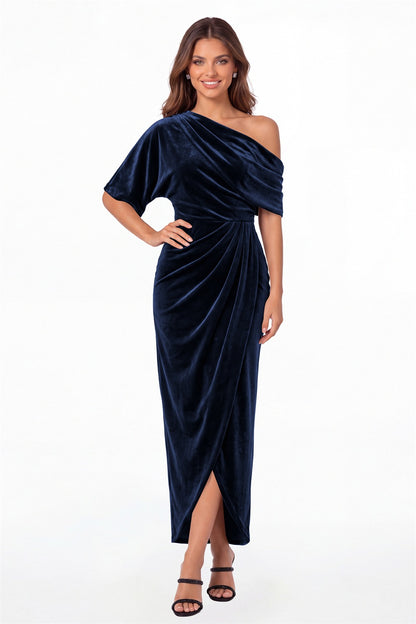Navy Blue One-Shoulder Velvet Ruched Draped Slit Maxi Gown - Front View