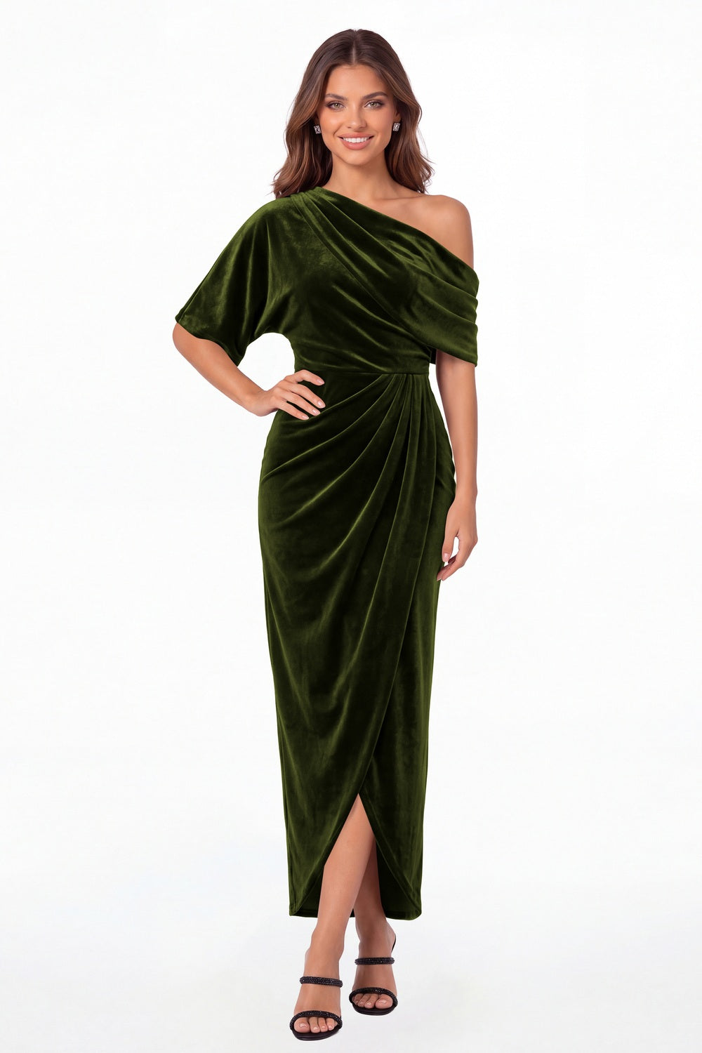 Olive Green One Shoulder Velvet Ruched Draped Slit Maxi Gown - Front View