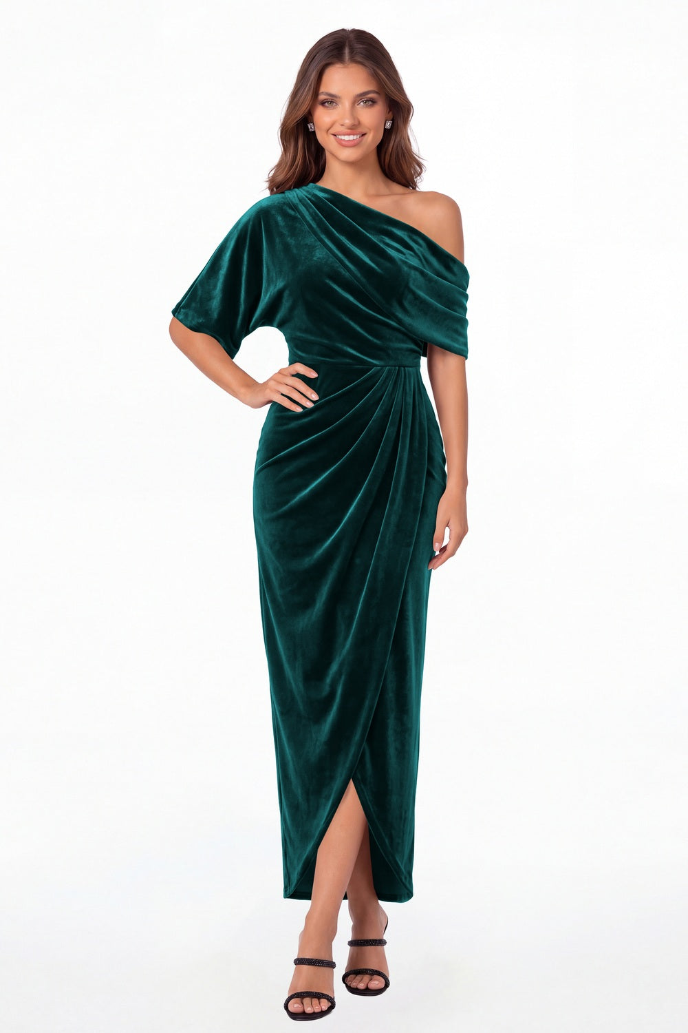 Peacock One Shoulder Velvet Ruched Draped Slit Maxi Gown - Front View
