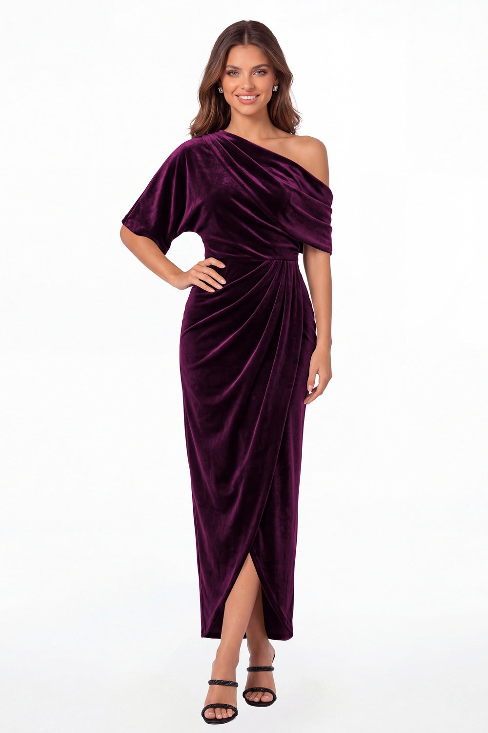 Plum One Shoulder Velvet Ruched Draped Slit Maxi Gown - Front View