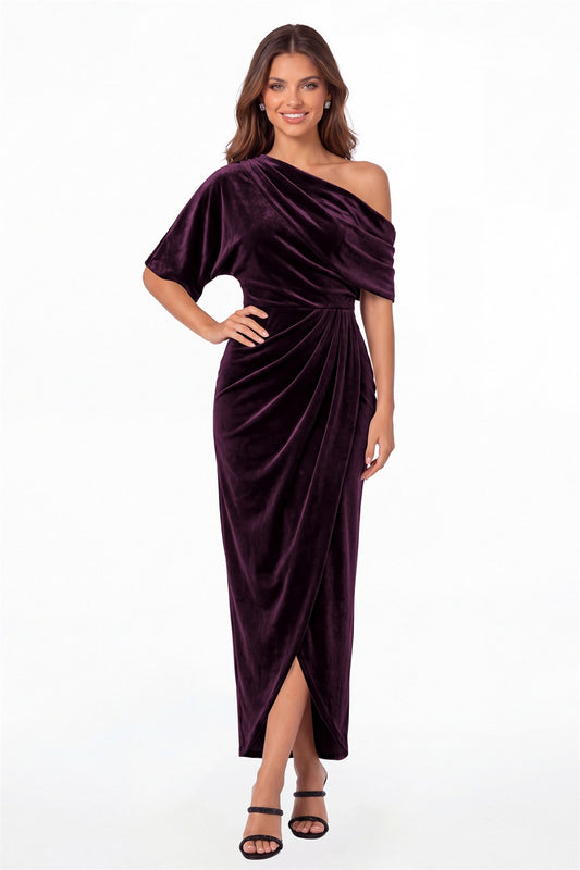 Plum One-Shoulder Velvet Ruched Draped Slit Maxi Gown - Front View