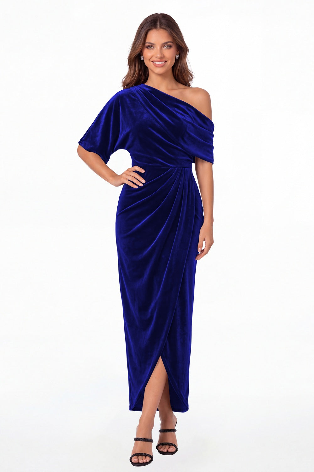 Royal Blue One Shoulder Velvet Ruched Draped Slit Maxi Gown - Front View