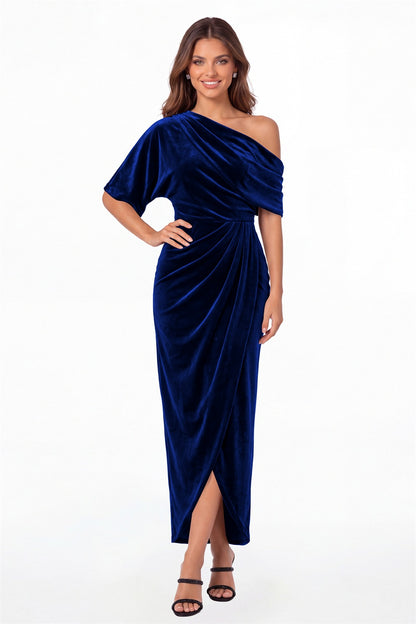 Royal Blue One-Shoulder Velvet Ruched Draped Slit Maxi Gown - Front View