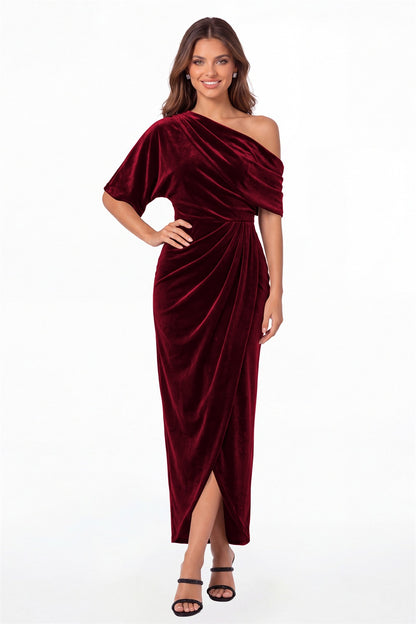 Wine Red One-Shoulder Velvet Ruched Draped Slit Maxi Gown - Front View