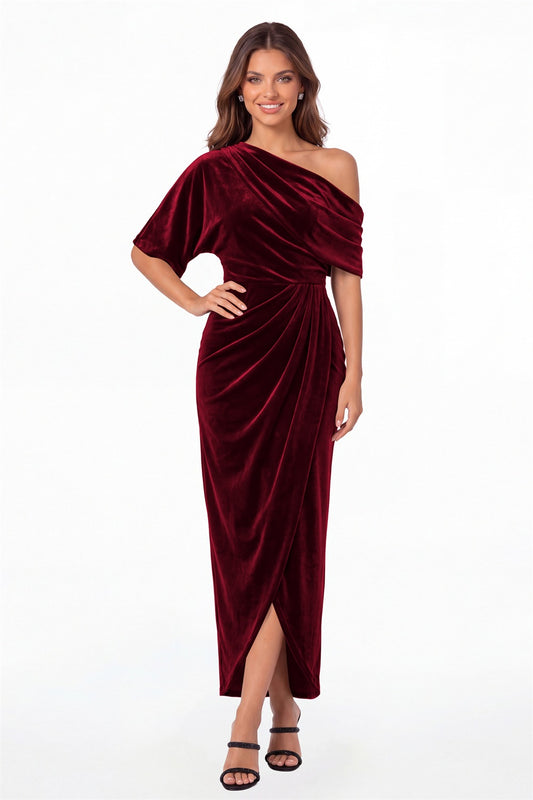 Wine Red One-Shoulder Velvet Ruched Draped Slit Maxi Gown - Front View