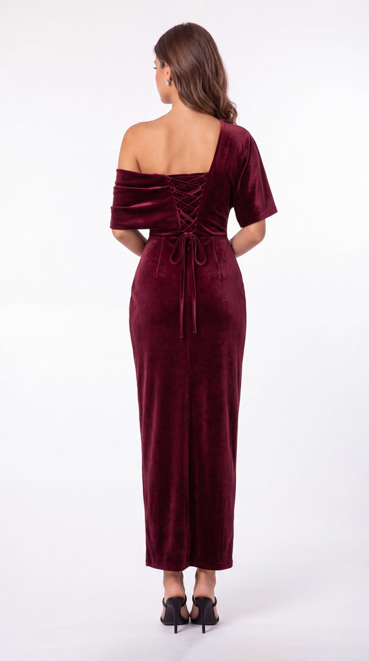 INEWER One Shoulder Velvet Ruched Draped Slit Maxi Gown - Back View