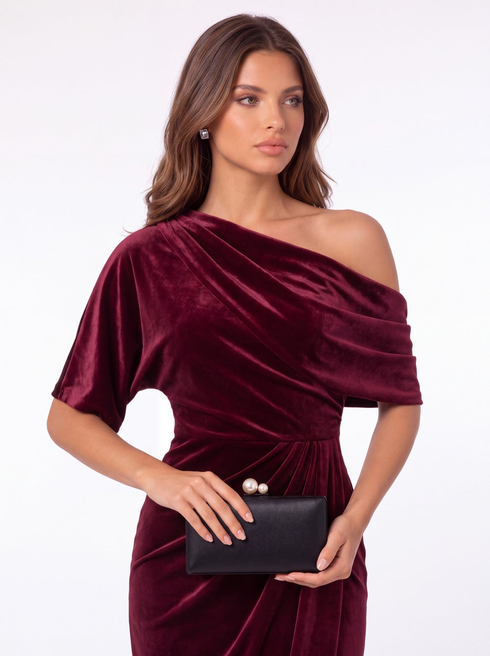 INEWER One Shoulder Velvet Ruched Draped Slit Maxi Gown - Detail View 1