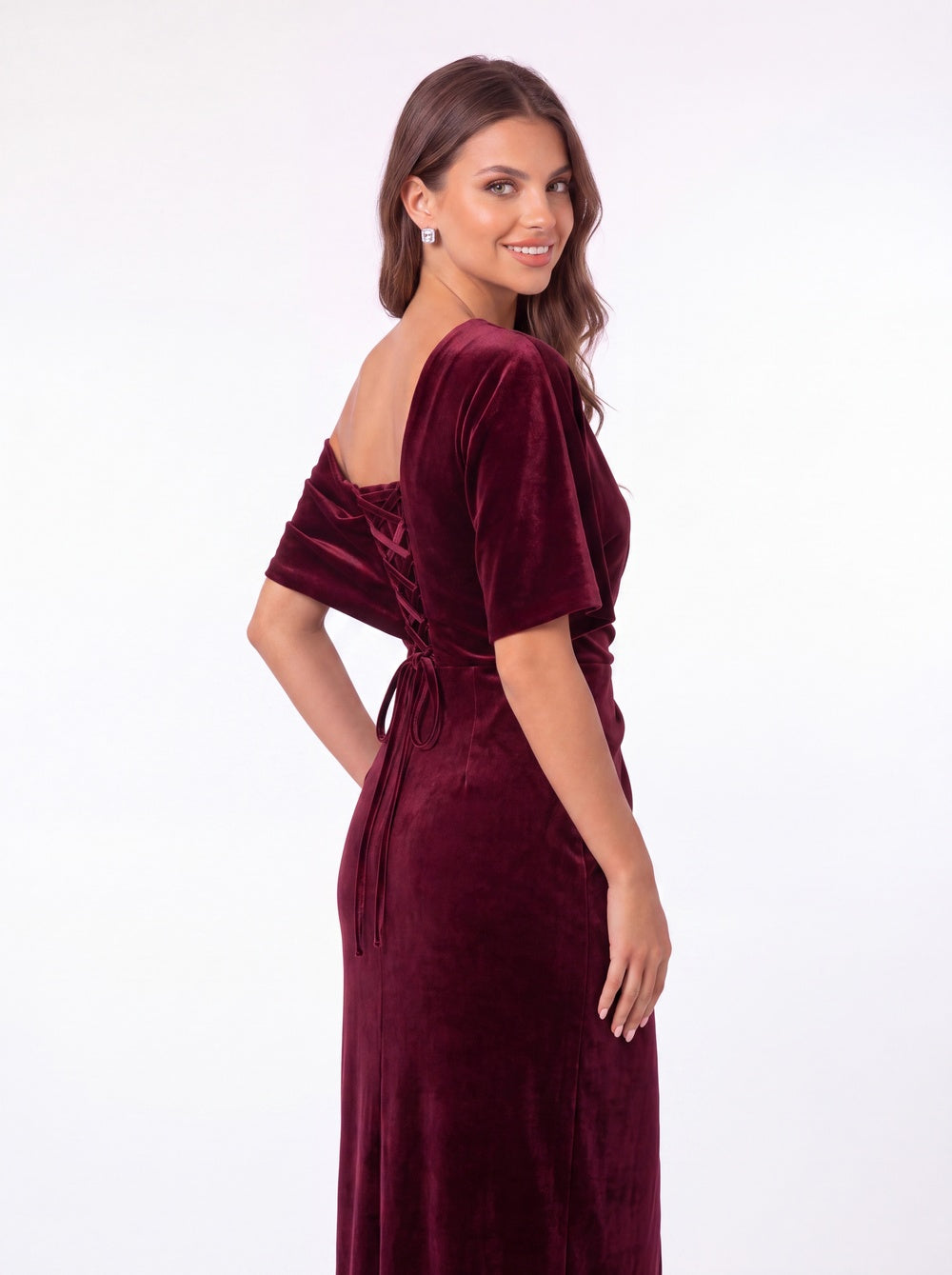 INEWER One Shoulder Velvet Ruched Draped Slit Maxi Gown - Detail View 2
