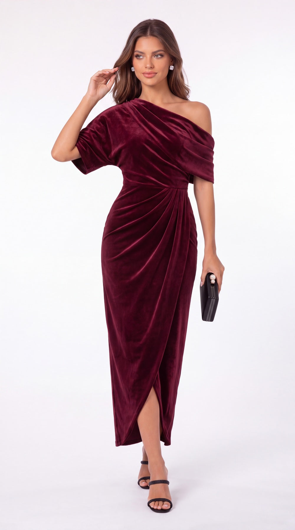 INEWER One Shoulder Velvet Ruched Draped Slit Maxi Gown - Detail View 3