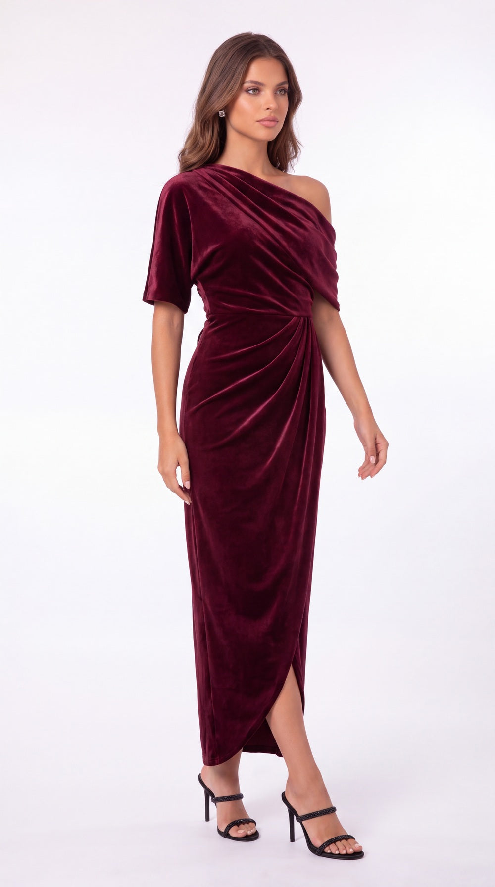 INEWER One Shoulder Velvet Ruched Draped Slit Maxi Gown - Detail View 4