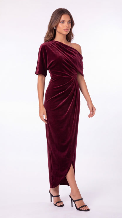 INEWER One Shoulder Velvet Ruched Draped Slit Maxi Gown - Detail View 4
