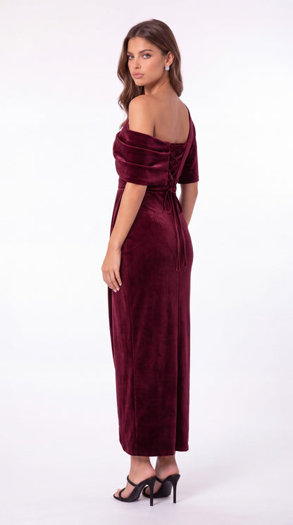 INEWER One Shoulder Velvet Ruched Draped Slit Maxi Gown - Detail View 5