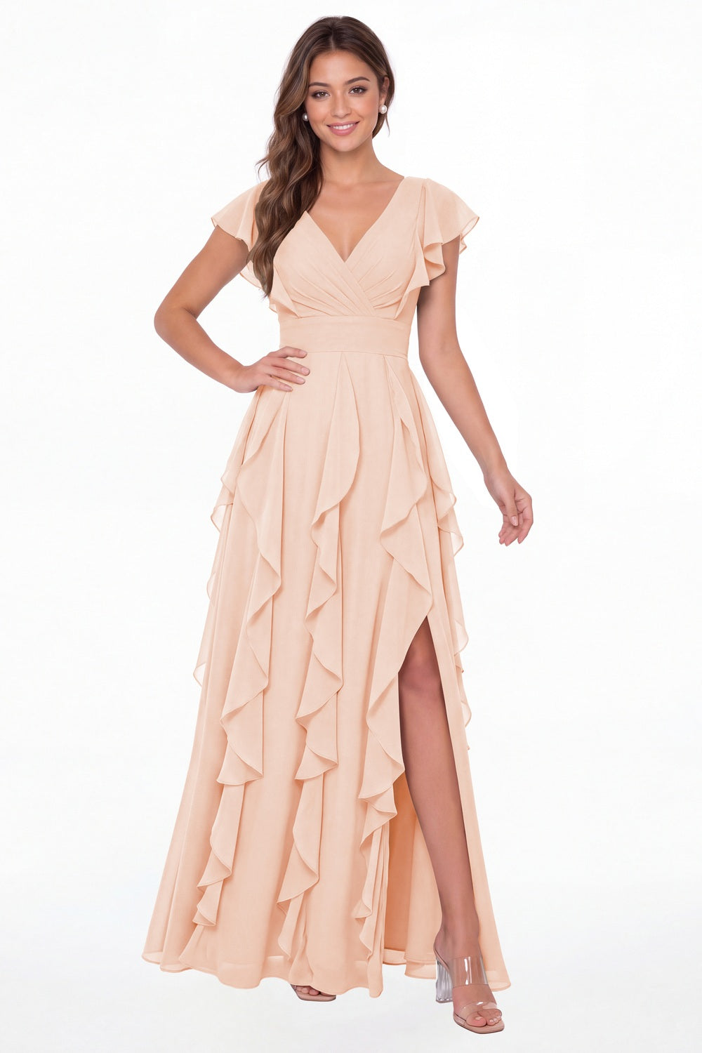 Blush Pink V-Neck Flutter Sleeve Chiffon Ruffle Slit Maxi Gown - Front View