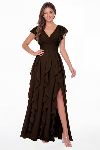 Brown V-Neck Flutter Sleeve Chiffon Ruffle Slit Maxi Gown - Front View