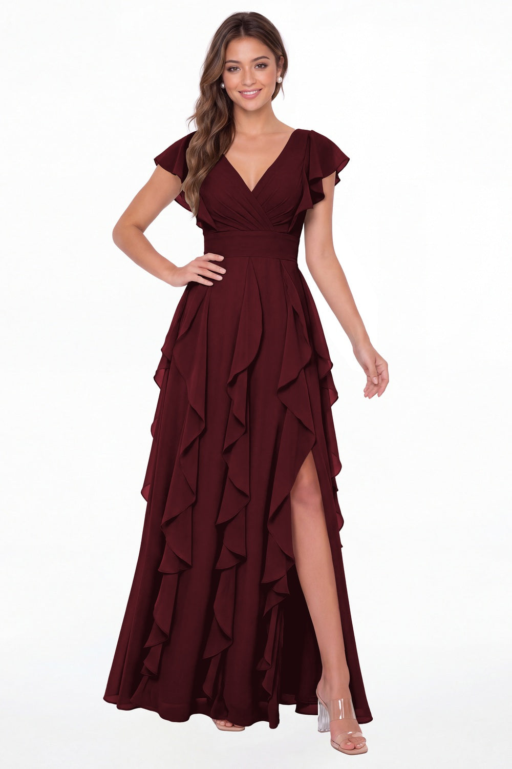 Burgundy V-Neck Flutter Sleeve Chiffon Ruffle Slit Maxi Gown - Front View