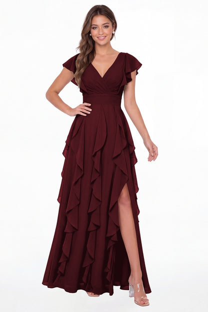 Burgundy V-Neck Flutter Sleeve Chiffon Ruffle Slit Maxi Gown - Front View