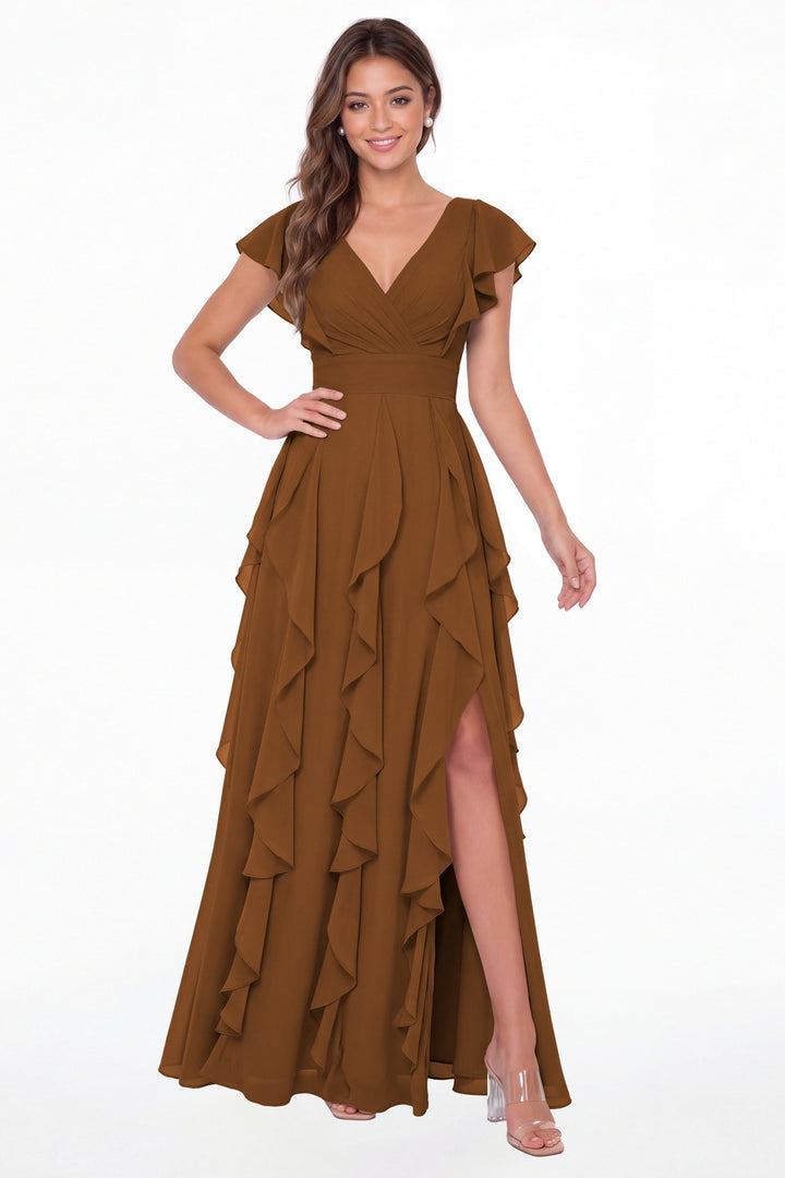 Burnt Orange V-Neck Flutter Sleeve Chiffon Ruffle Slit Maxi Gown - Front View