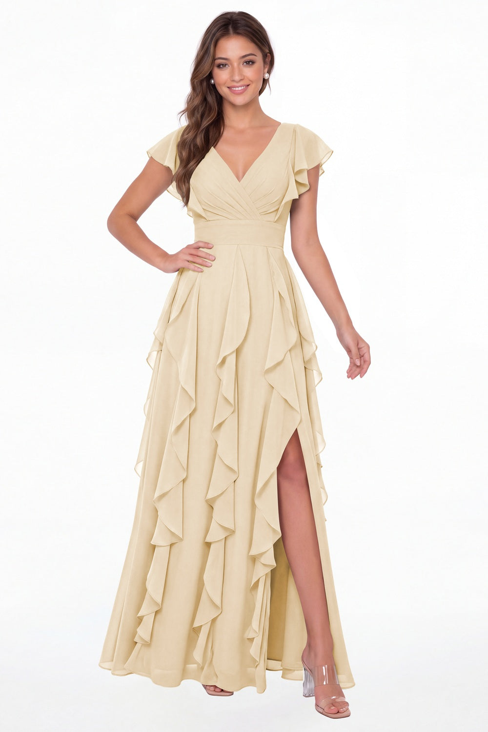 Champagne V-Neck Flutter Sleeve Chiffon Ruffle Slit Maxi Gown - Front View