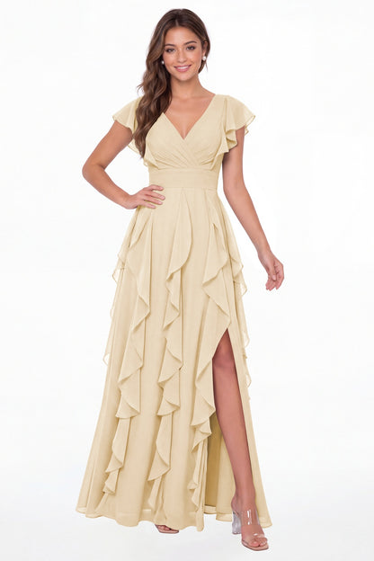 Champagne V-Neck Flutter Sleeve Chiffon Ruffle Slit Maxi Gown - Front View