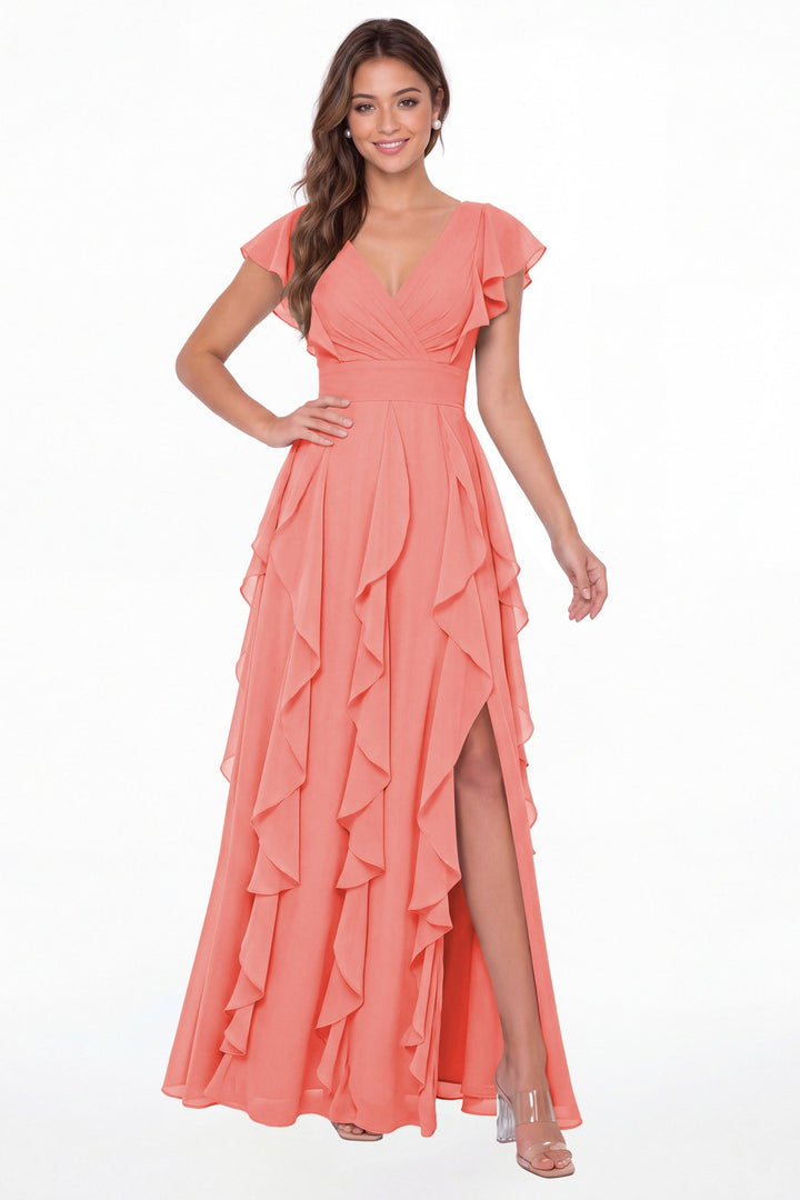 Coral V-Neck Flutter Sleeve Chiffon Ruffle Slit Maxi Gown - Front View