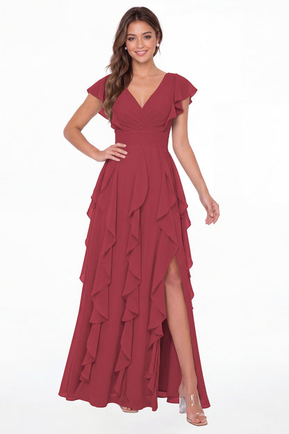 Desert Rose V-Neck Flutter Sleeve Chiffon Ruffle Slit Maxi Gown - Front View