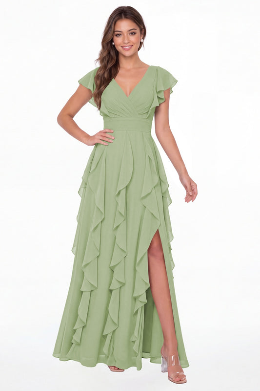 Dusty Sage V-Neck Flutter Sleeve Chiffon Ruffle Slit Maxi Gown - Front View