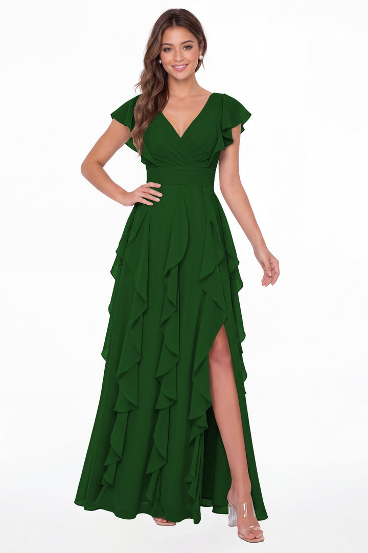 Emerald Green V-Neck Flutter Sleeve Chiffon Ruffle Slit Maxi Gown - Front View