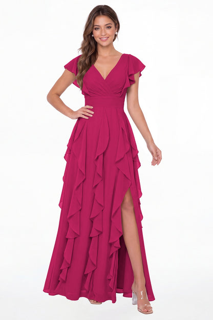 Fuchsia V-Neck Flutter Sleeve Chiffon Ruffle Slit Maxi Gown - Front View