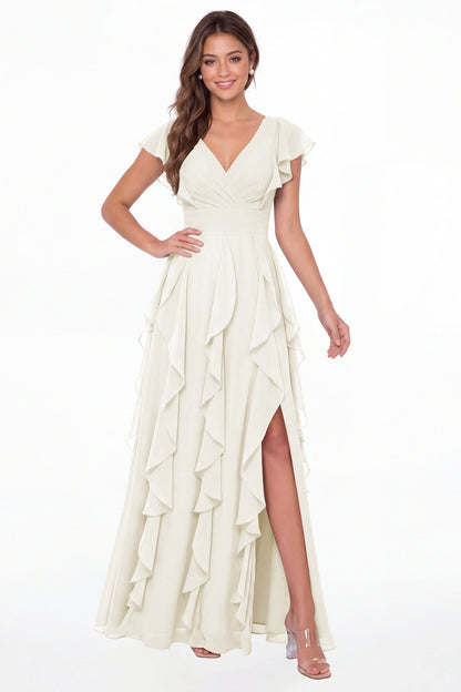 Ivory V-Neck Flutter Sleeve Chiffon Ruffle Slit Maxi Gown - Front View