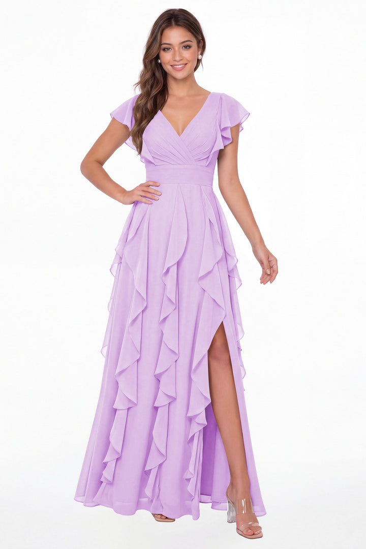 Lilac V-Neck Flutter Sleeve Chiffon Ruffle Slit Maxi Gown - Front View