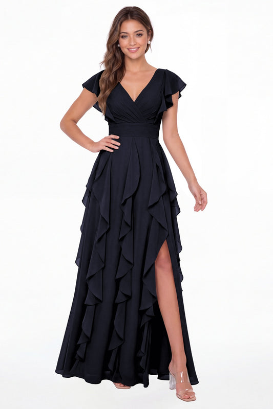 Navy Blue V-Neck Flutter Sleeve Chiffon Ruffle Slit Maxi Gown - Front View