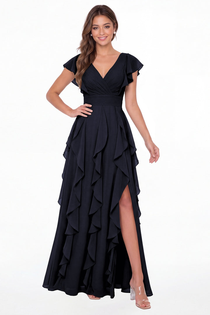 Navy Blue V-Neck Flutter Sleeve Chiffon Ruffle Slit Maxi Gown - Front View