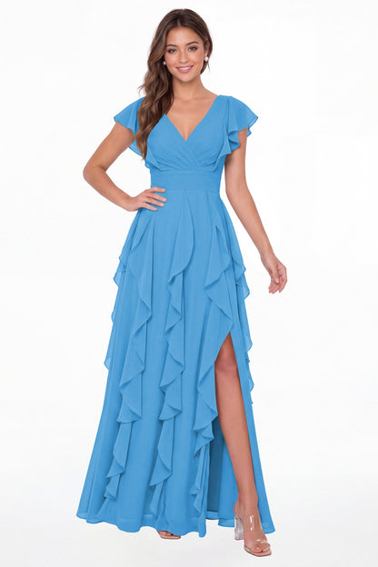 Ocean Blue V-Neck Flutter Sleeve Chiffon Ruffle Slit Maxi Gown - Front View