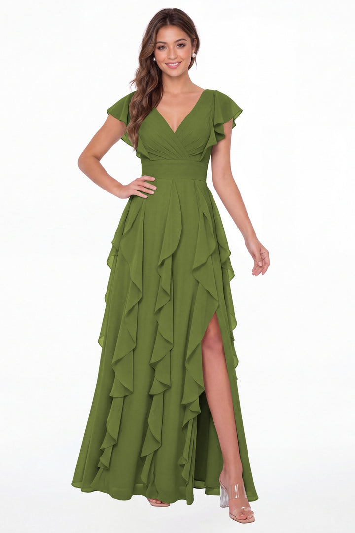 Olive Green V-Neck Flutter Sleeve Chiffon Ruffle Slit Maxi Gown - Front View
