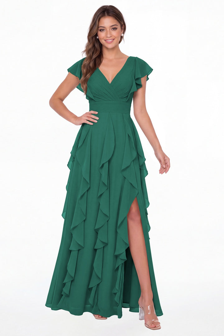 Peacock V-Neck Flutter Sleeve Chiffon Ruffle Slit Maxi Gown - Front View