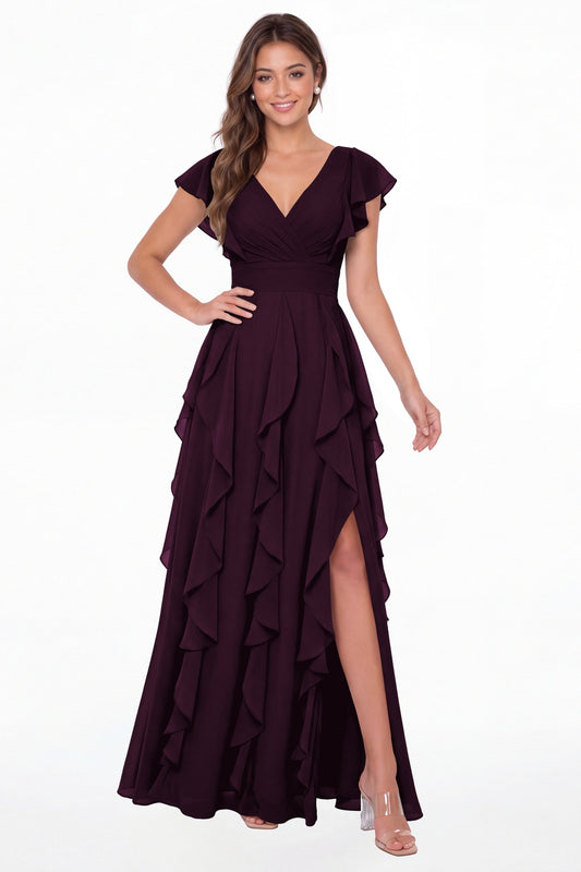 Plum V-Neck Flutter Sleeve Chiffon Ruffle Slit Maxi Gown - Front View