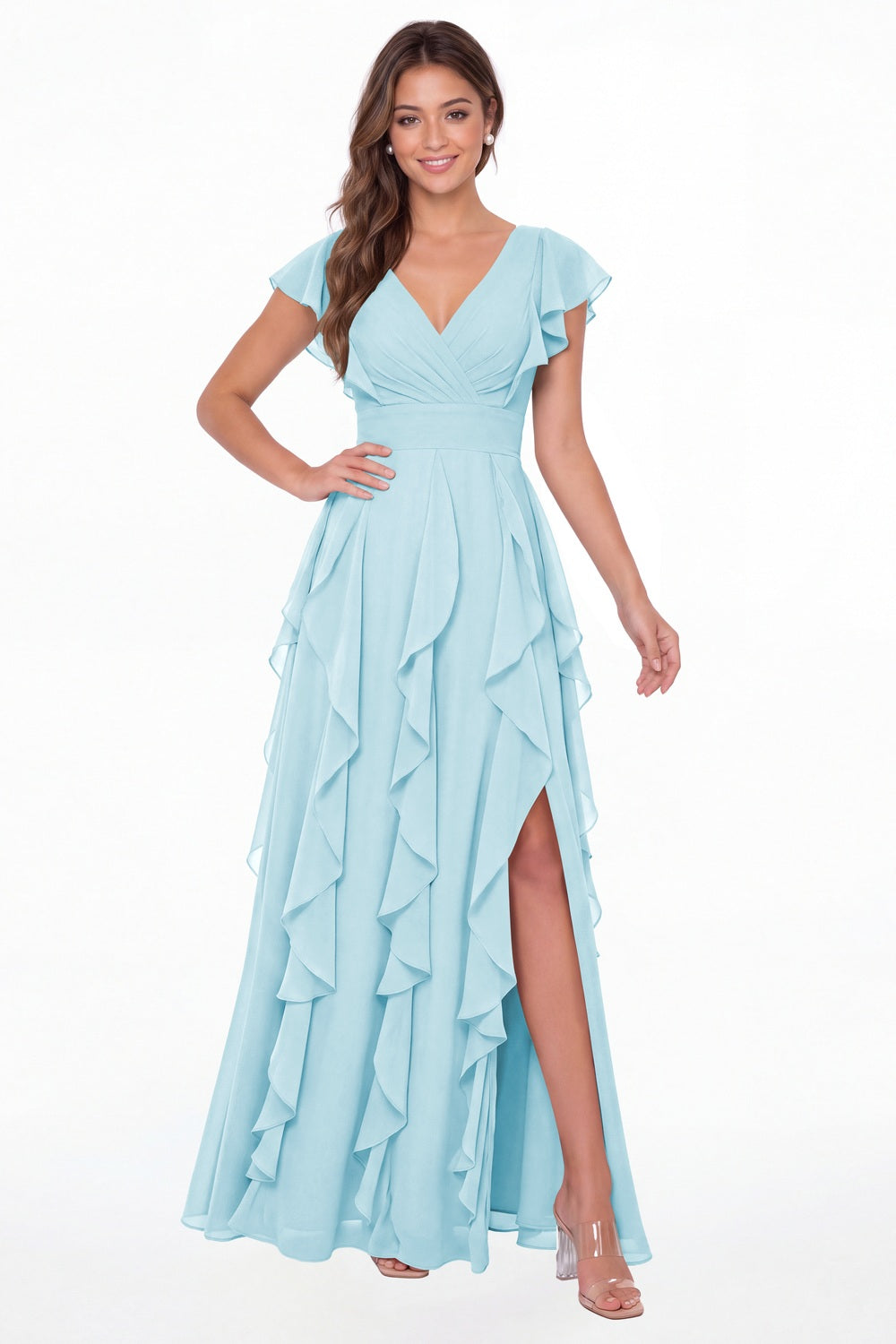 Powder Blue V-Neck Flutter Sleeve Chiffon Ruffle Slit Maxi Gown - Front View