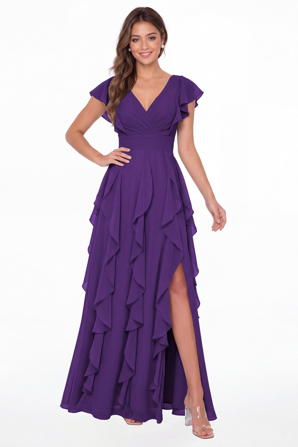 Purple V-Neck Flutter Sleeve Chiffon Ruffle Slit Maxi Gown - Front View