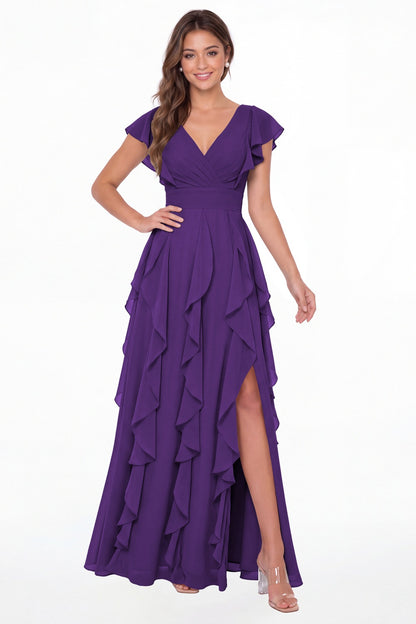 Purple V-Neck Flutter Sleeve Chiffon Ruffle Slit Maxi Gown - Front View