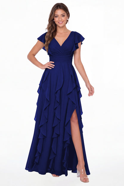 Royal Blue V-Neck Flutter Sleeve Chiffon Ruffle Slit Maxi Gown - Front View