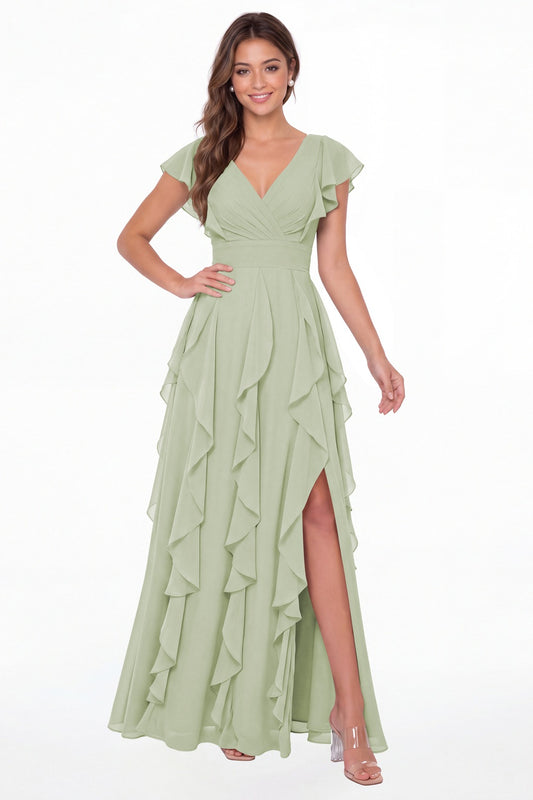 Sage Green V-Neck Flutter Sleeve Chiffon Ruffle Slit Maxi Gown - Front View