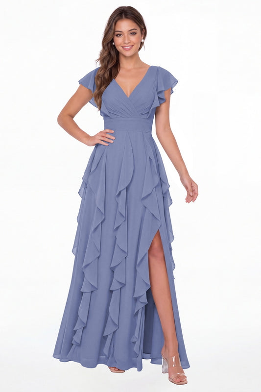 Steel Blue V-Neck Flutter Sleeve Chiffon Ruffle Slit Maxi Gown - Front View